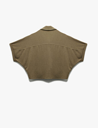 Kısa Kollu Klasik Yaka Bağlama Detaylı Cepli Crop Oversize Bluz