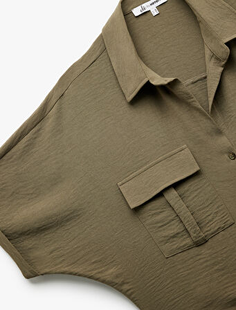 Kısa Kollu Klasik Yaka Bağlama Detaylı Cepli Crop Oversize Bluz