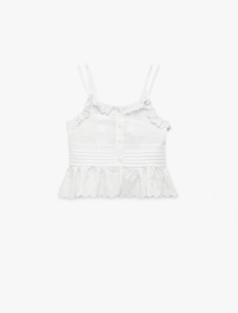 Pamuklu Fırfır Detaylı Brodeli Askılı Crop Bluz
