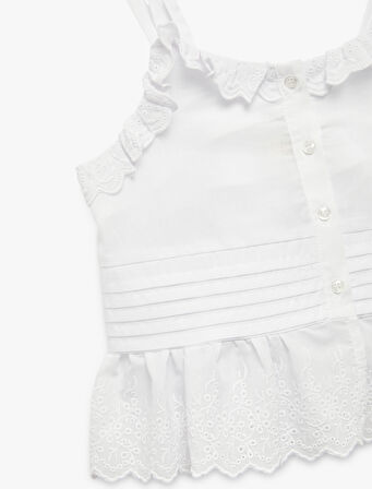 Pamuklu Fırfır Detaylı Brodeli Askılı Crop Bluz
