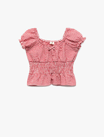 Gipeli Kısa Kollu Kayık Yaka Fırfır Detaylı Pötikareli Crop Poplin Bluz