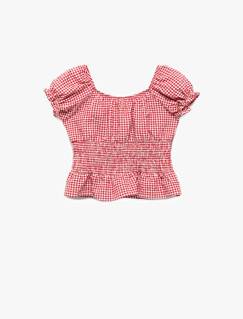 Gipeli Kısa Kollu Kayık Yaka Fırfır Detaylı Pötikareli Crop Poplin Bluz