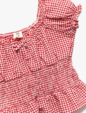 Gipeli Kısa Kollu Kayık Yaka Fırfır Detaylı Pötikareli Crop Poplin Bluz