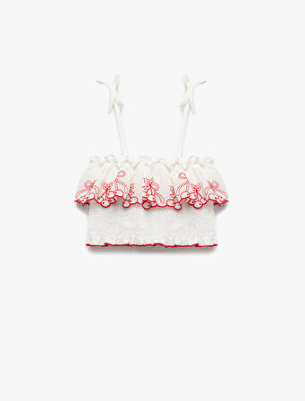 Pamuklu İnce Askılı Kiraz Desenli Gipeli Crop Bluz