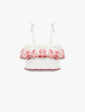 Pamuklu İnce Askılı Kiraz Desenli Gipeli Crop Bluz