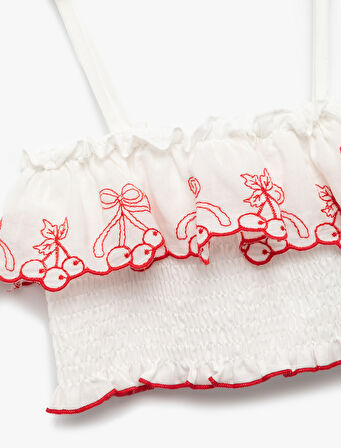 Pamuklu İnce Askılı Kiraz Desenli Gipeli Crop Bluz