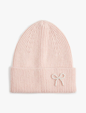 İnci Detaylı Fiyonklu Katlı Triko Bere