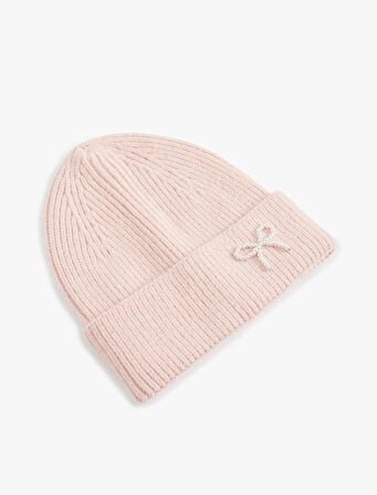 İnci Detaylı Fiyonklu Katlı Triko Bere