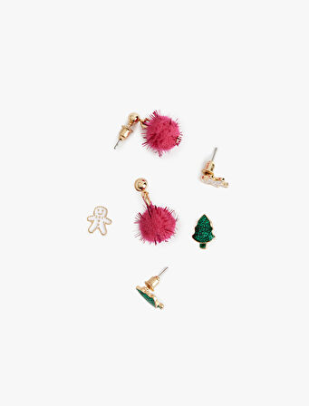 Çok Renkli Ponponlu Yılbaşı Temalı 3'lü Küpe Seti