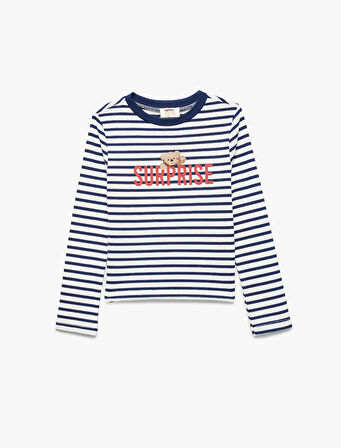 Çizgili Ayıcık Baskılı Uzun Kollu Bisiklet Yaka Tişört