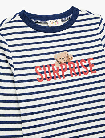 Çizgili Ayıcık Baskılı Uzun Kollu Bisiklet Yaka Tişört