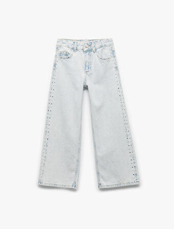 Pamuklu Zımba Detaylı Geniş Paça Denim Pantolon