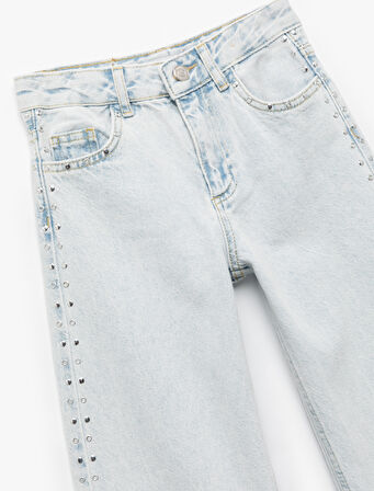 Pamuklu Zımba Detaylı Geniş Paça Denim Pantolon