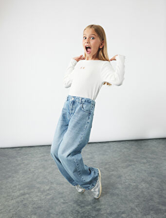 Pamuklu Taş Detaylı Geniş Paça Denim Pantolon