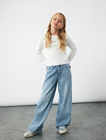 Pamuklu Taş Detaylı Geniş Paça Denim Pantolon