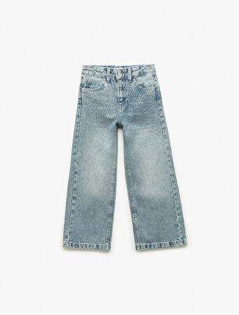 Pamuklu Taş Detaylı Geniş Paça Denim Pantolon
