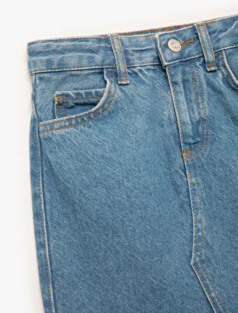 Pamuklu Cep Detaylı Yırtmaçlı Midi Denim Etek