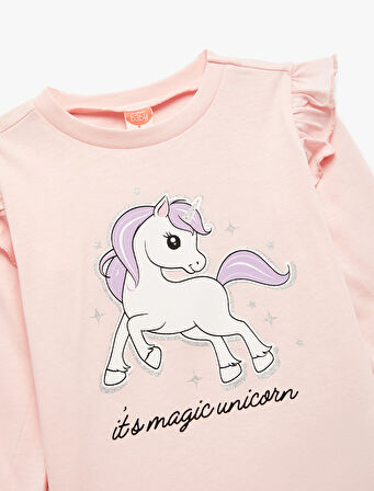 Unicorn Baskılı Pamuklu Uzun Kollu Bisiklet Yaka Tişört
