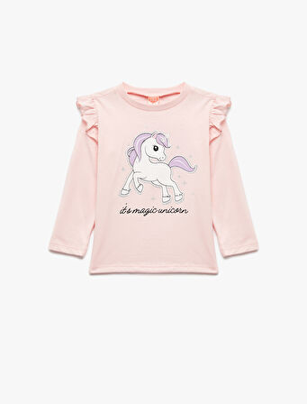 Unicorn Baskılı Pamuklu Uzun Kollu Bisiklet Yaka Tişört