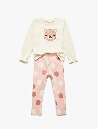 Pamuklu Uzun Kollu Baskılı Tişört ve Tayt Seti