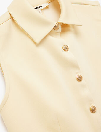 Slim Fit Gold Düğme Detaylı Kolsuz Ceket Yaka Yelek