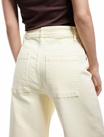Cep Detaylı Düğmeli Pamuklu Crop Geniş Paça Denim Pantolon - Culotte Jean