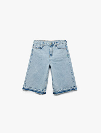 Pamuklu Pis Paça Düğmeli Cepli Denim Bermuda Şort