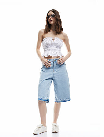 Pamuklu Pis Paça Düğmeli Cepli Denim Bermuda Şort