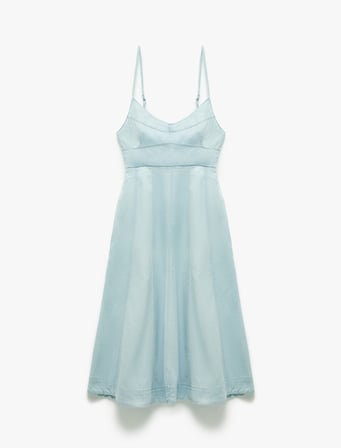 V Yaka İp Askılı Volanlı Dikiş Detaylı Midi Denim Elbise