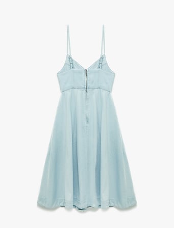V Yaka İp Askılı Volanlı Dikiş Detaylı Midi Denim Elbise