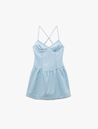 Volanlı V Yaka Çapraz İp Askılı Mini Denim Elbise
