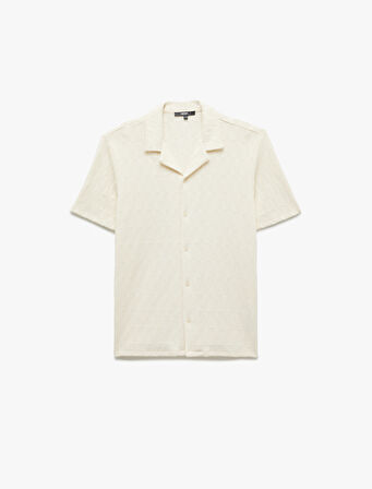 Kayık Yaka Regular Fit Pamuklu Dokulu Kısa Kollu Gömlek