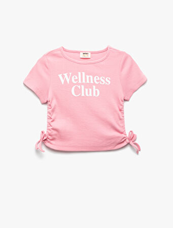 Pamuklu Slogan Baskılı Büzgü Detaylı Kısa Kollu Crop Tişört