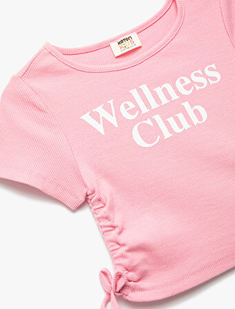 Pamuklu Slogan Baskılı Büzgü Detaylı Kısa Kollu Crop Tişört