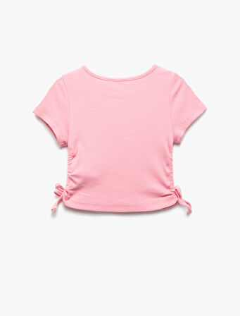 Pamuklu Slogan Baskılı Büzgü Detaylı Kısa Kollu Crop Tişört