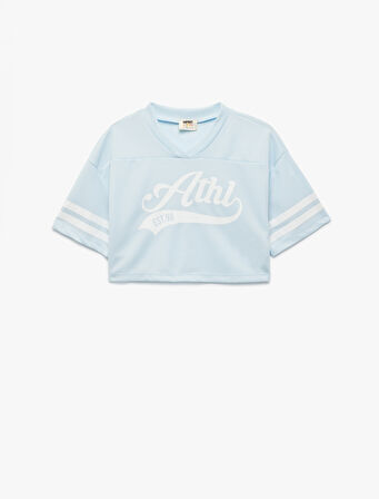 V Yaka Kısa Kollu Crop Oversize Kolej Baskılı Tişört