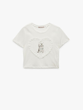 Pamuklu Kısa Kollu Bisiklet Yaka Dantel Detaylı Kalpli Kedi Baskılı Kısa Tişört Pijama Üstü