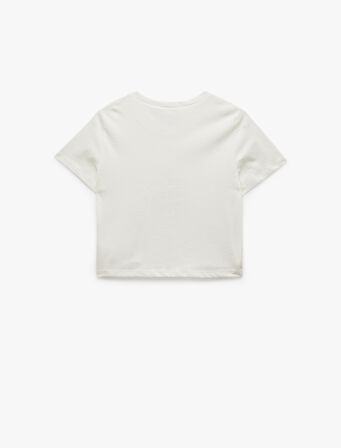 Pamuklu Kısa Kollu Bisiklet Yaka Dantel Detaylı Kalpli Kedi Baskılı Kısa Tişört Pijama Üstü