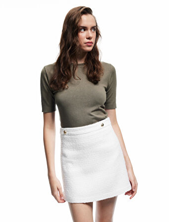 Metal Aksesuarlı A Kesim Yüksek Bel Tüvit Mini Etek