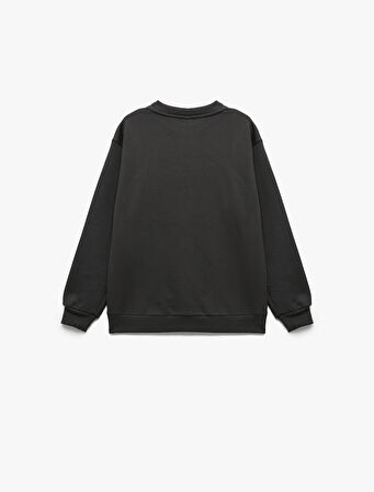 Pamuklu Uzun Kollu Bisiklet Yaka Baskılı Sweatshirt
