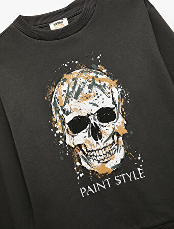 Pamuklu Uzun Kollu Bisiklet Yaka Baskılı Sweatshirt