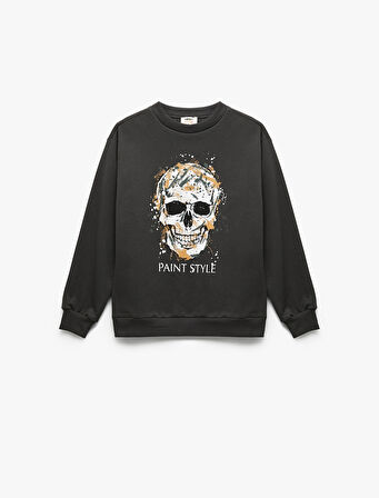 Pamuklu Uzun Kollu Bisiklet Yaka Baskılı Sweatshirt