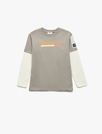 Renk Bloklu Bisiklet Yaka Baskılı Pamuklu Uzun Kollu Oversize Tişört