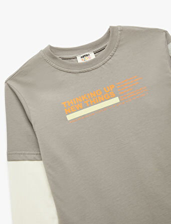 Renk Bloklu Bisiklet Yaka Baskılı Pamuklu Uzun Kollu Oversize Tişört