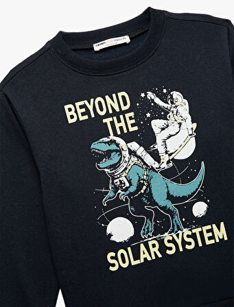 Uzun Kollu Bisiklet Yaka Dinozor Baskılı Şardonlu Sweatshirt