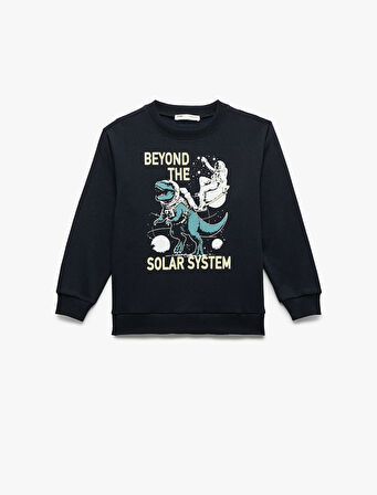 Uzun Kollu Bisiklet Yaka Dinozor Baskılı Şardonlu Sweatshirt