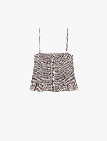 Koton X Melis Ağazat - Viskon Crinkle Kumaş Düğmeli İnce Askılı Pötikareli Crop Bluz