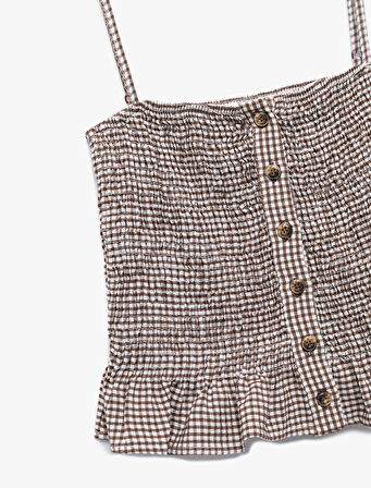 Koton X Melis Ağazat - Viskon Crinkle Kumaş Düğmeli İnce Askılı Pötikareli Crop Bluz