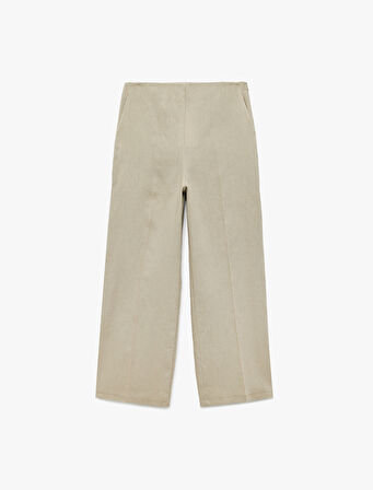 Normal Bel Cepli Düz Bol Paça Keten Pantolon