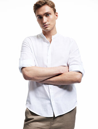 Uzun Kollu Düğmeli Regular Fit Pamuklu Hakim Yaka Gömlek